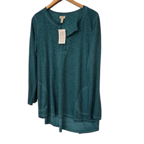 LOGO by Lori Goldstein Distressed Top Teal Cotton Modal M - Picture 1 of 5